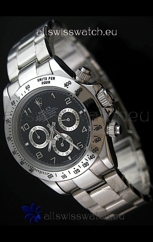 Rolex Daytona Cosmograph Swiss Replica Stainless Steel Watch in Black Dial