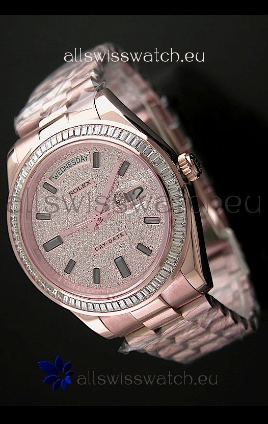 Rolex Day Date Swiss Automatic Rose Gold Watch in Diamond Bezel