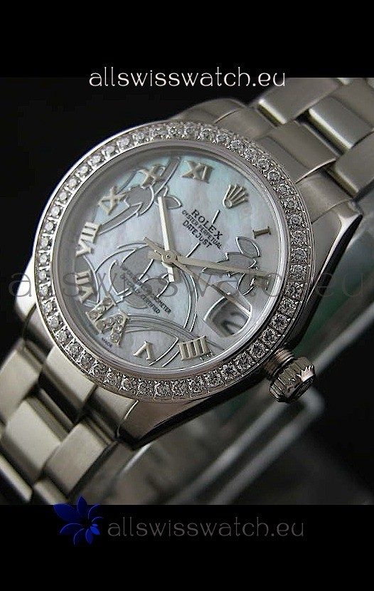 Rolex Oyster Perpetual Date Just Lady Swiss Diamond Watch in Pearl White Dial