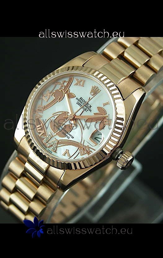 Rolex Oyster Perpetual Date Just Lady Swiss Rose Gold Watch in Pearl White Dial