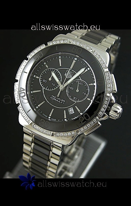 Tag Heuer Formula 1 Chronograph Swiss Replica Ceramic Ladies Watch in Diamond Bezel