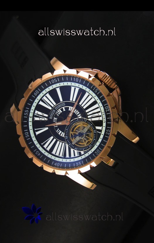 Roger Dubuis Excalibur Tourbillon Watch - Rose Gold Plating Black Dial