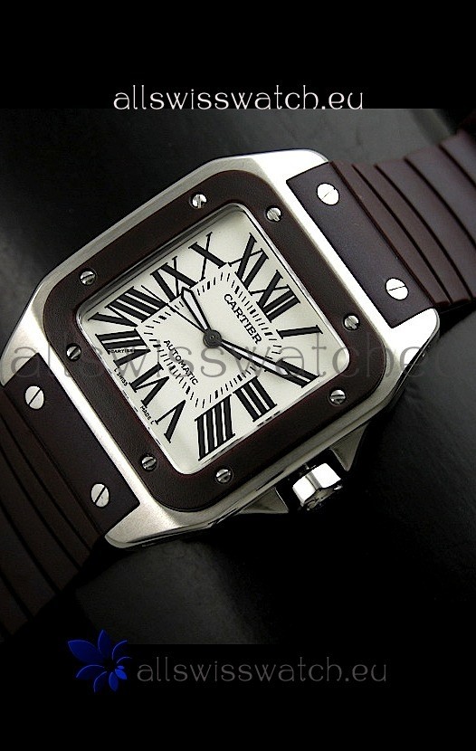 Cartier Santos Swiss Replica Automatic Watch in Brown Strap