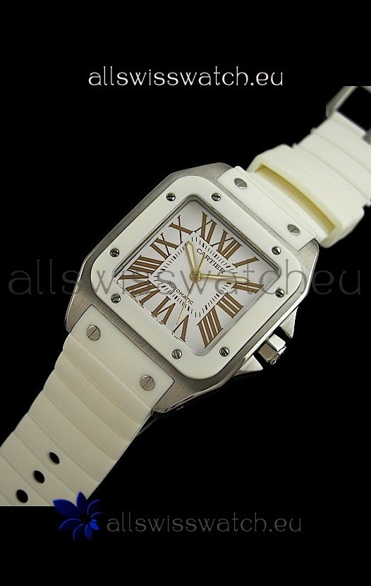 Cartier Santos Swiss Replica Automatic Watch in White Strap