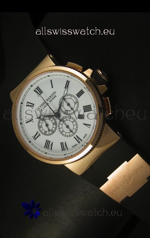 Ulysse Nardin Marine Chronograph Rose Gold White Roman Black Dial - 1:1 Mirror Replica