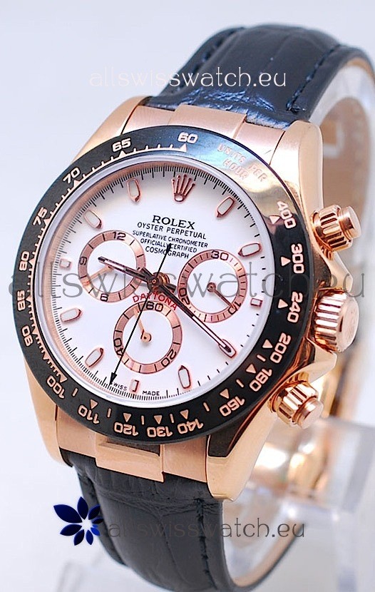 Rolex Daytona MonoBloc Cerachrom Bezel Swiss Replica Rose Gold Plated Watch in White Dial