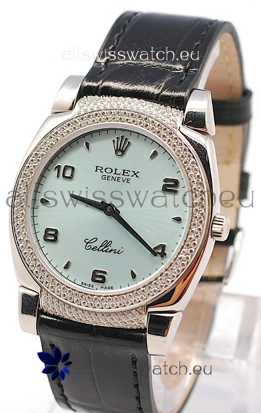 Rolex Cellini Cestello Ladies Swiss Watch in Blue Face Black Leather Strap Diamonds Bezel 