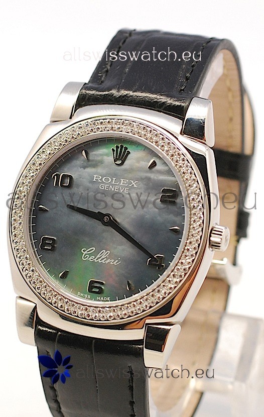 Rolex Cellini Cestello Ladies Swiss Watch in Black Pearl Face Diamonds Bezel 