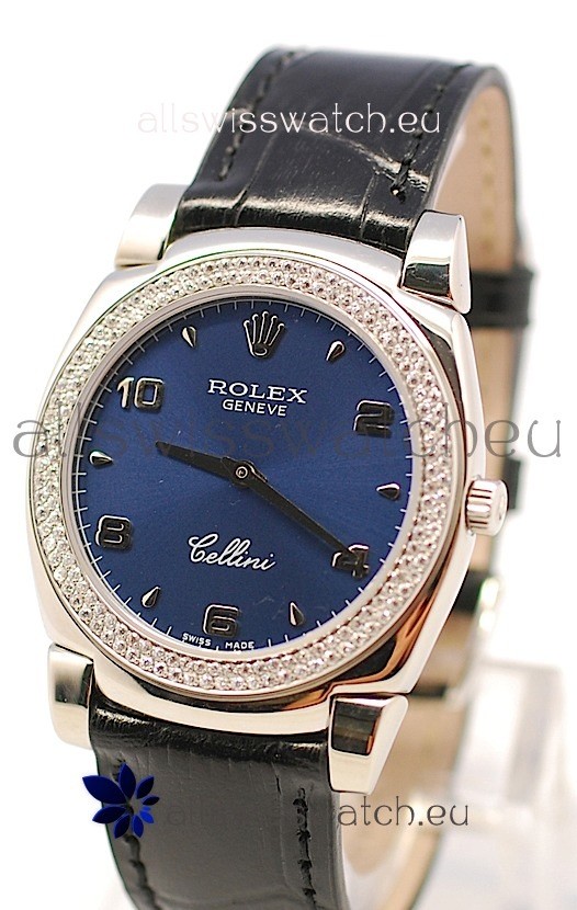 Rolex Cellini Cestello Ladies Swiss Watch in Dark Blue Face Diamonds Bezel 