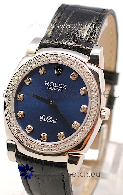Rolex Cellini Cestello Ladies Swiss Watch in Dark Blue Face and Diamond Bezel