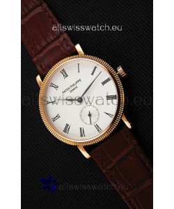 Patek Philippe Calatrava Japanese Mens Watch in Yellow Gold Case Brown Strap