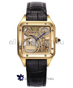 Cartier Santos Dumont Skeleton Yellow Gold Watch in Black Leather Strap 43.5MM