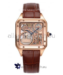 Cartier Santos Dumont Skeleton Rose Gold Watch in Brown Leather Strap 43.5MM