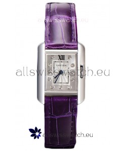 Cartier Tank Anglaise Stainless Steel Watch in Purple Leather Strap Swiss Quartz Watch 30MM