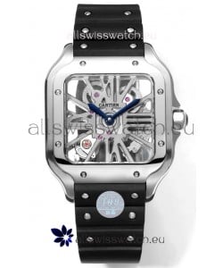 Santos De Cartier Watch in Skeleton Dial - Stainless Steel Casing & Bezel Black Rubber Strap
