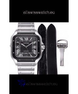 Cartier "Santos De Cartier" Mens XL 1:1 Mirror Replica Watch in Stainless Steel Casing - Black Bezel