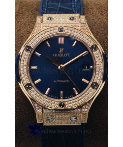 Hublot Classic Fusion Diamonds Rose Gold Blue Dial 38MM Swiss Replica Watch 1:1 Mirror Quality