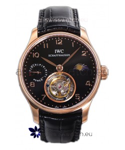 IWC Portugese Hand-Wound Genuine Tourbillon Black Dial Rose Gold Casing Swiss Replica Watch 