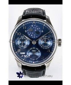 IWC Super Clone Portuguese Perpetual Calendar Stainless Steel Blue Dial Replica Watch 