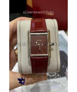 Must De Cartier Tank Edition Watch in 904L Stainless Steel Casing Maroon Dial