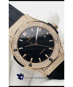 Hublot Classic Fusion Diamonds Rose Gold Black Dial Swiss Replica Watch 1:1 Mirror Quality 
