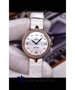 Omega De Ville Prestige Dewdrop Edition Swiss Quartz Watch in Rose Gold White Strap
