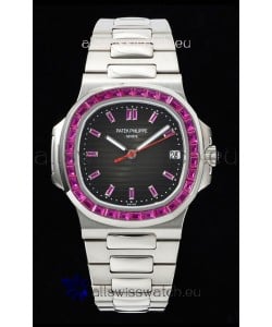 Patek Philippe Nautilus 5711 Black Dial 1:1 Mirror Replica in 904L Steel with Rubies Bezel