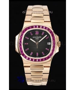 Patek Philippe Nautilus 5711 Black Dial 1:1 Mirror Replica in Rose Gold 904L Steel with Rubies Bezel
