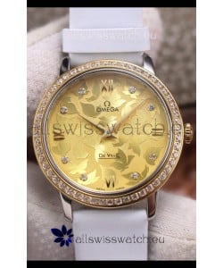 Omega De Ville Floral Dial Swiss Quartz Movement in Two Tone Casing - Gold Dial