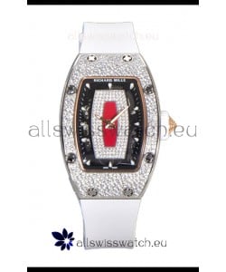 Richard Mille RM007 Diamonds Paved White Strap Red Dial 904L Steel Superclone Swiss Watch