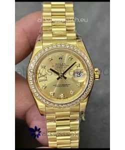 Rolex Datejust Super Clone Gold Dial Yellow Gold Casing Watch 28MM