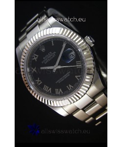 Rolex Datejust Japanese Replica Watch - Black Dial Roman Markers in 41MM with Oyster Strap