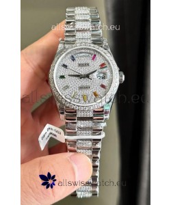 Rolex Day Date Super Clone White Gold Plated Custom Modified Diamonds Paved Watch 