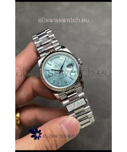 Rolex Day Date Super Clone Stainless Steel Ice Blue Dial Crystal Numerals Watch 36MM - 1:1 Mirror Quality