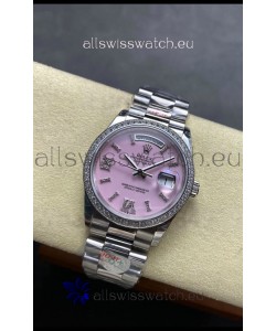 Rolex Day Date Super Clone Stainless Steel Pink Dial Diamonds Numerals Watch 36MM - 1:1 Mirror Quality