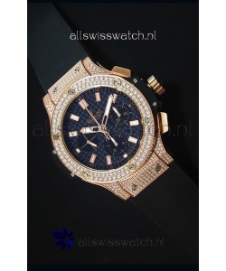 Hublot Big Bang Carbon Dial Diamonds Studded Rose Gold Swiss Watch 