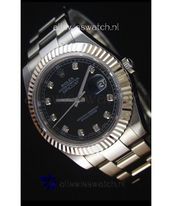 Rolex Datejust II 41MM with Cal.3136 Movement Swiss Replica Watch in Black Dial Diamonds Markers