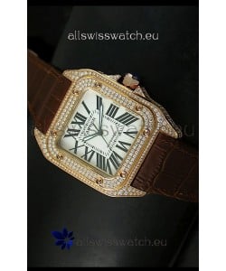 Cartier Santos 100 1:1 Mirror Replica Rose Gold Diamonds Watch 42MM
