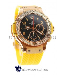 Hublot Big Bang Swis Watch Yellow Strap Black Dial Pink Gold Case