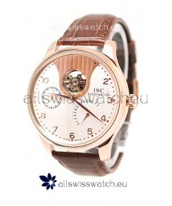 IWC Portuguese Tourbillon Mystere Japanese Replica Rose Gold Watch in White Dial