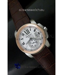 Cartier Calibre de Japanese Replica Steel Watch in Brown Leather Strap