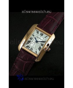 Cartier Louis Japanese Replica Ladies Rose Gold Watch in Red Wine Strap