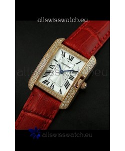 Cartier Louis Japanese Replica Ladies Rose Gold Diamond Watch in Red Strap