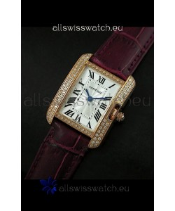 Cartier Louis Japanese Replica Ladies Rose Gold Diamond Watch in Purple Strap