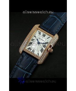 Cartier Louis Japanese Replica Ladies Rose Gold Diamond Watch in Blue Strap
