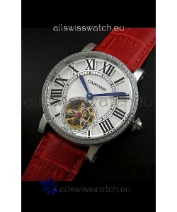 Cartier Ronde de Tourbillon Japanese Replica Diamond Watch in Red Strap