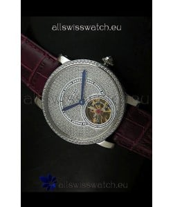 Cartier Ronde de Tourbillon Japanese Replica Diamond Watch in Purple Strap