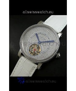 Cartier Ronde de Tourbillon Japanese Replica Diamond Watch in White Strap