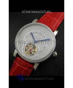 Cartier Ronde de Tourbillon Japanese Replica Diamond Watch in Red Strap