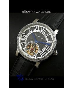 Cartier Ronde de Tourbillon Japanese Replica Diamond Watch in Black Dial